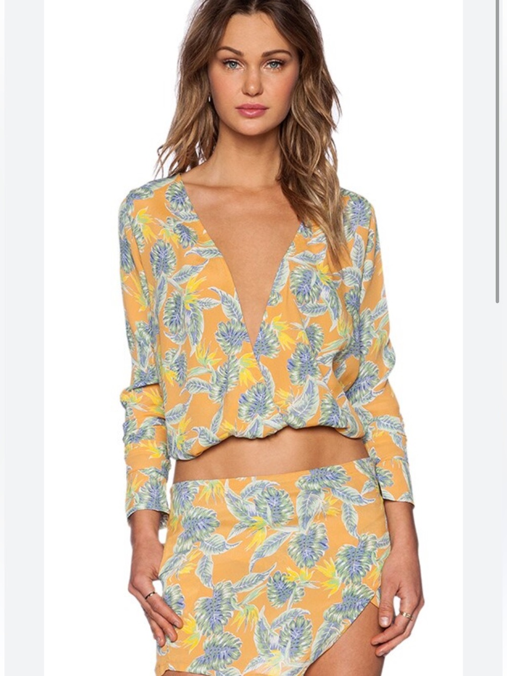 For Love & Lemons Yellow Floral Deep V Cropped Blouse